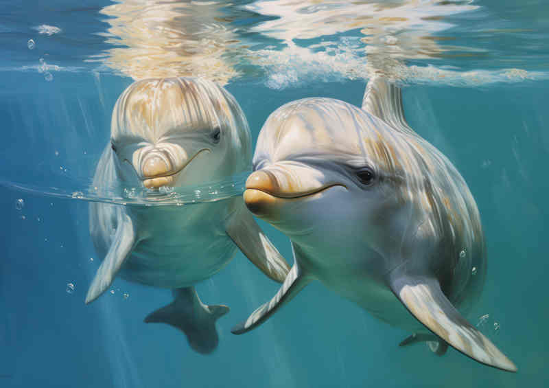 Pair of Dolphins swimming underwater in an ocean