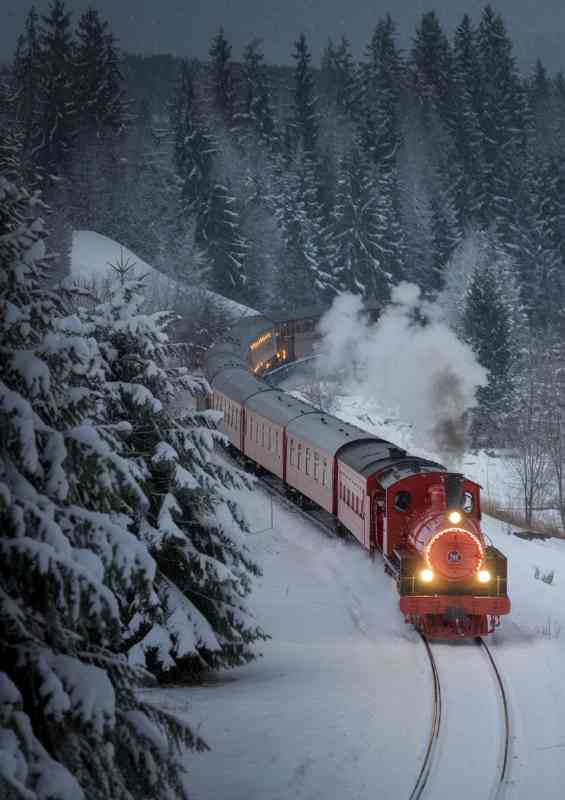 Vintage christmas steam train in snow