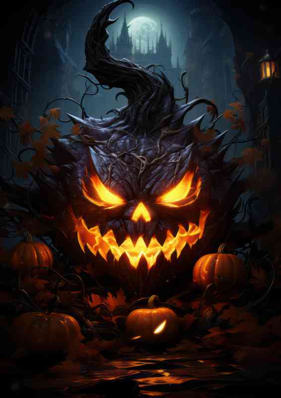 Pumpkin glowing by the castle | Metal Poster