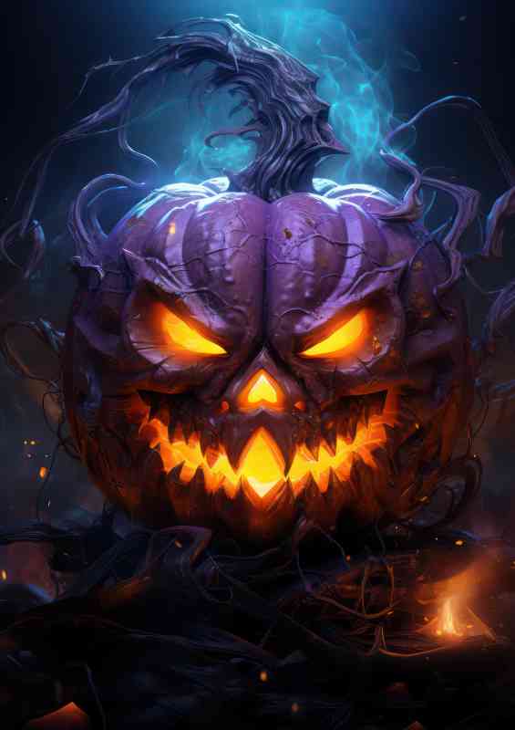 Purple style glowing fire pumpkin head | Metal Poster