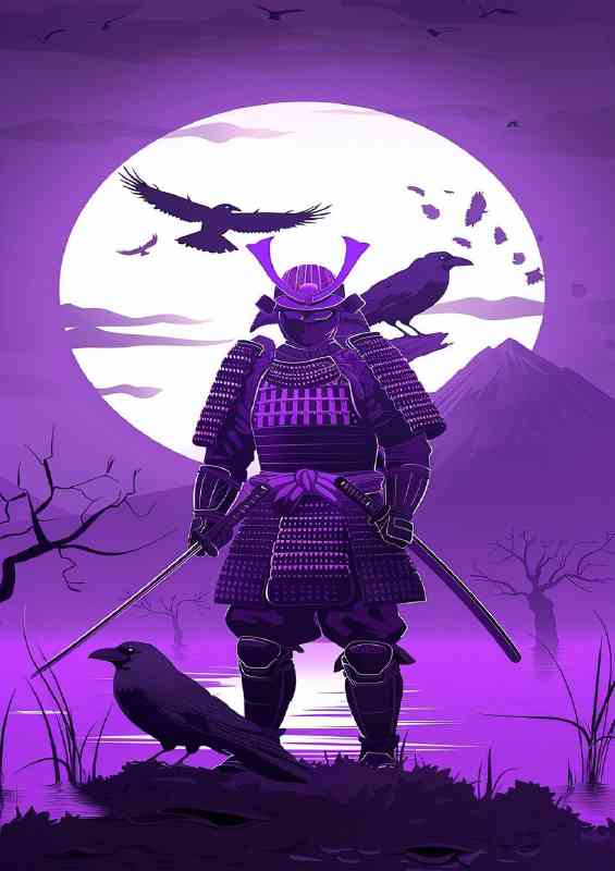 Purple samurai surrounded b y birds