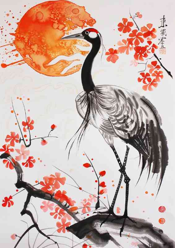 Crane on a branch wit the sun | Metal Poster