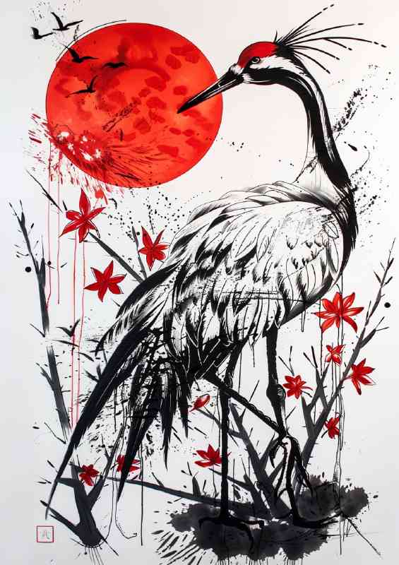 Crane red sun in background black and white