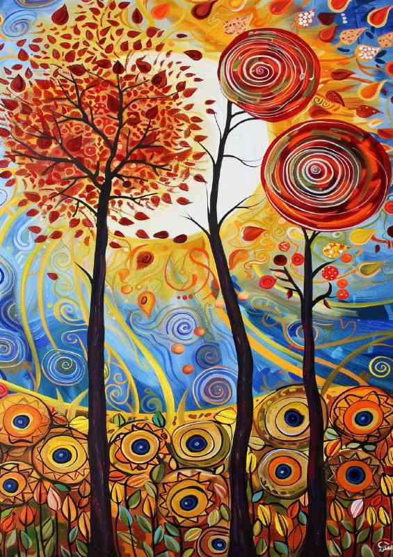 A painting of trees with red leaves and the sun