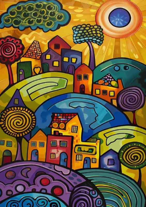 Abstract houses in colours on the swirly hill