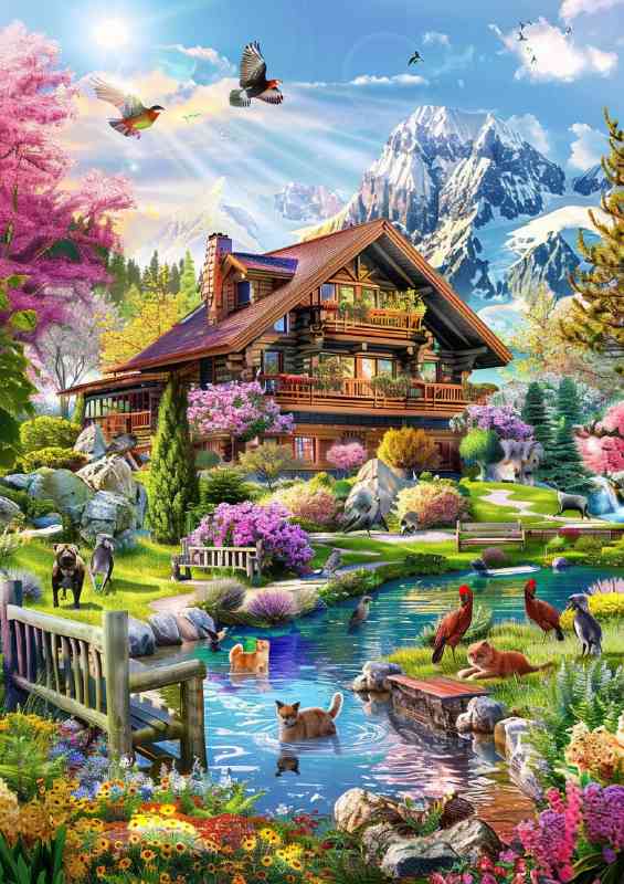 Beautiful house in the mountains with flowers