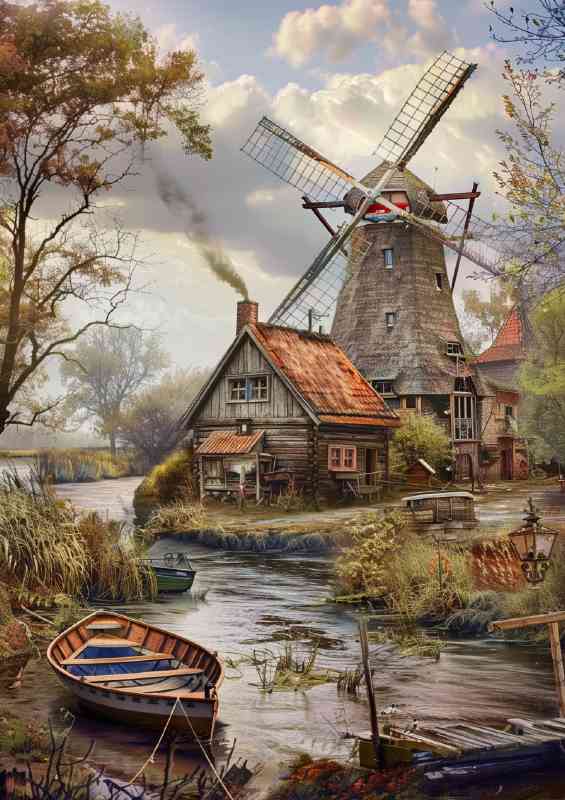 Beautiful old windmill by the river with boats