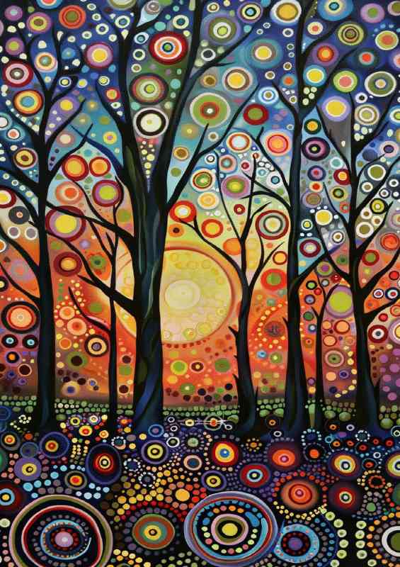 Beautiful painting of trees with the sun setting