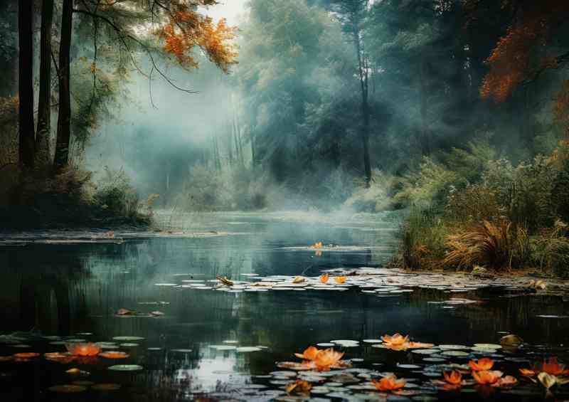 Foggy Pond Misty Trees