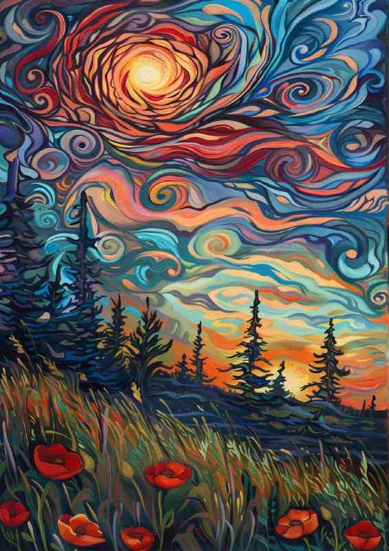 Field of trees at sunset swirling sky and sun
