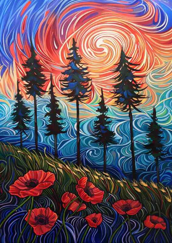 Field of trees at sunset swirling sky with red flowers