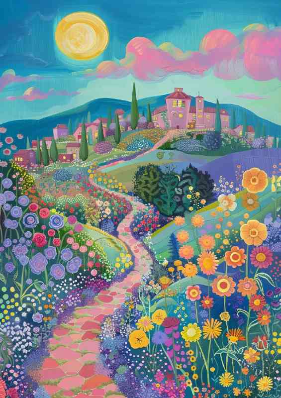Flower fields with sweeping long stone path