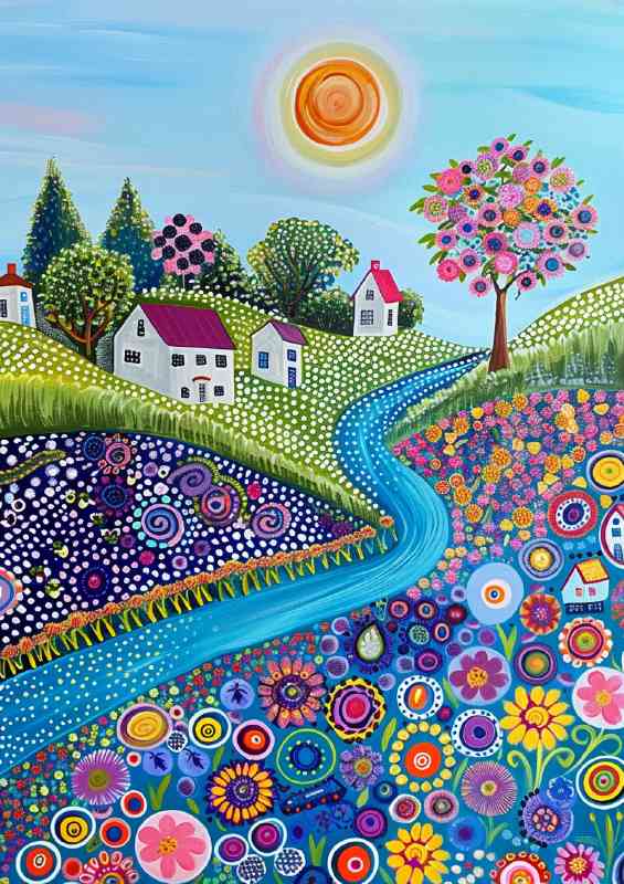 Flowing stream and circled flowers