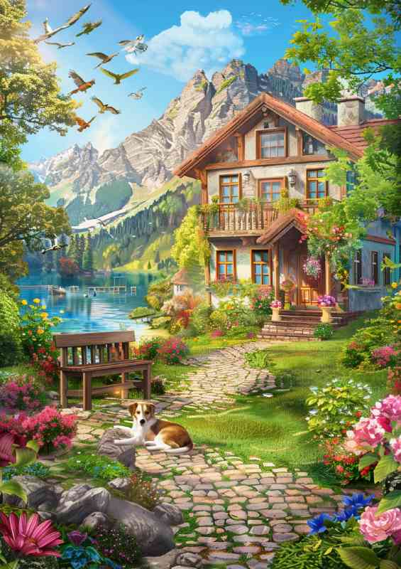 House in the mountains with birds flying