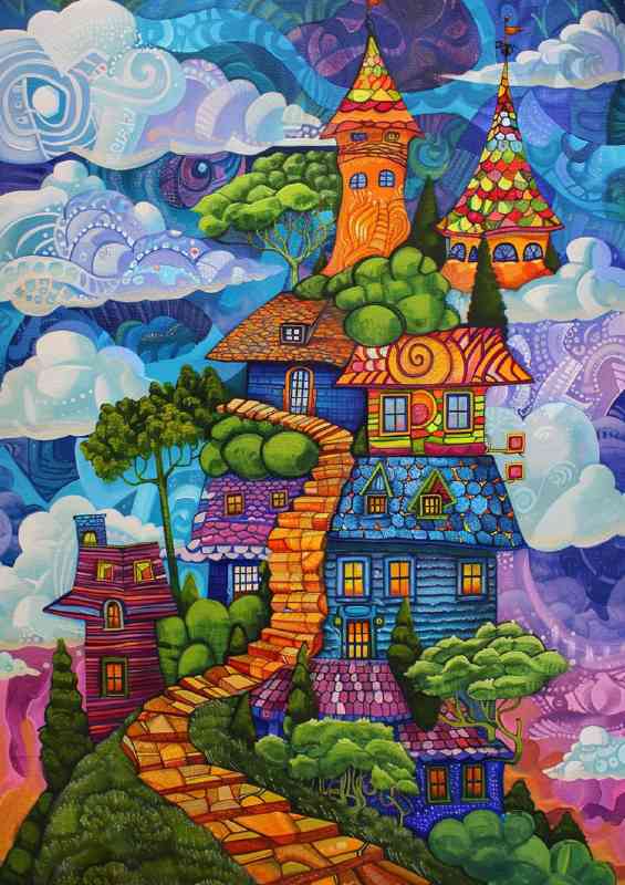 Houses stacked stairway to sky