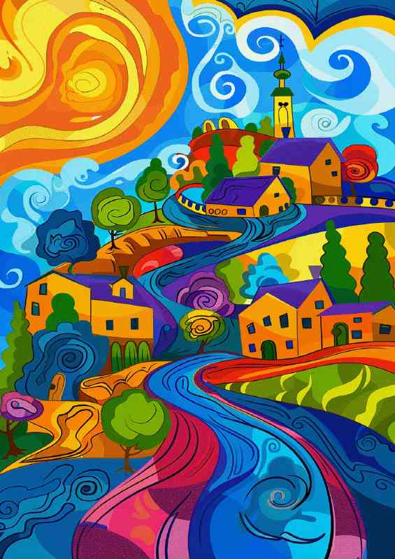Life in the country village swirling sun