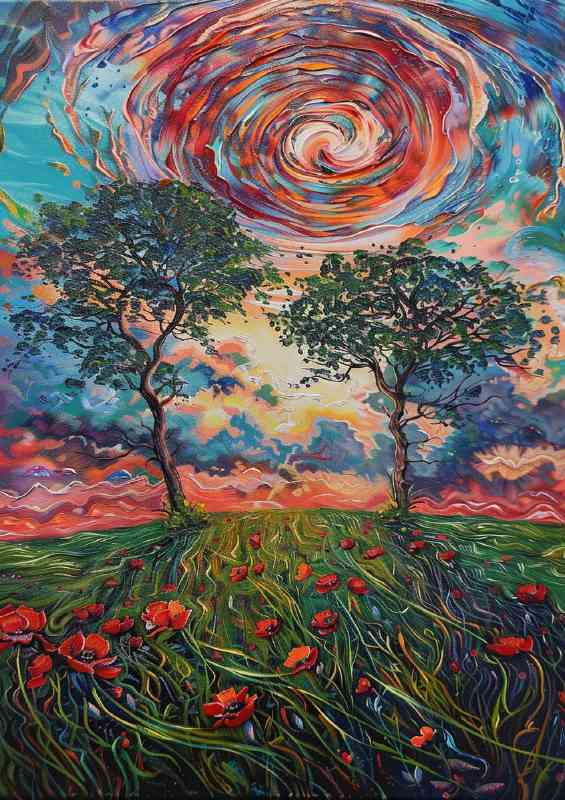 Liquid swirls of poppy field and trees