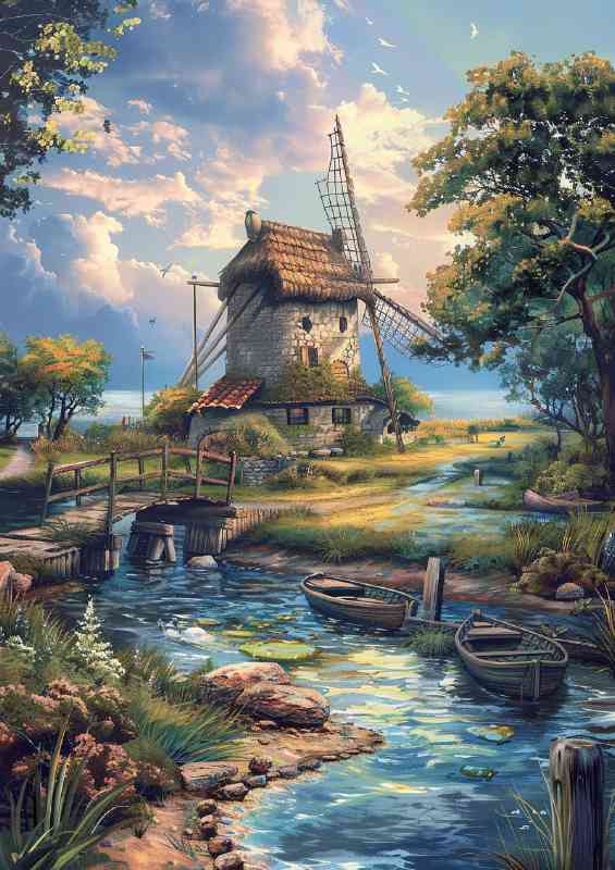 Old windmil by the stream with boat