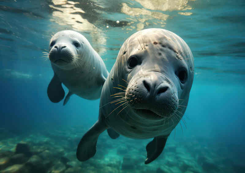 Pair of Seals swimming underwater in an ocean