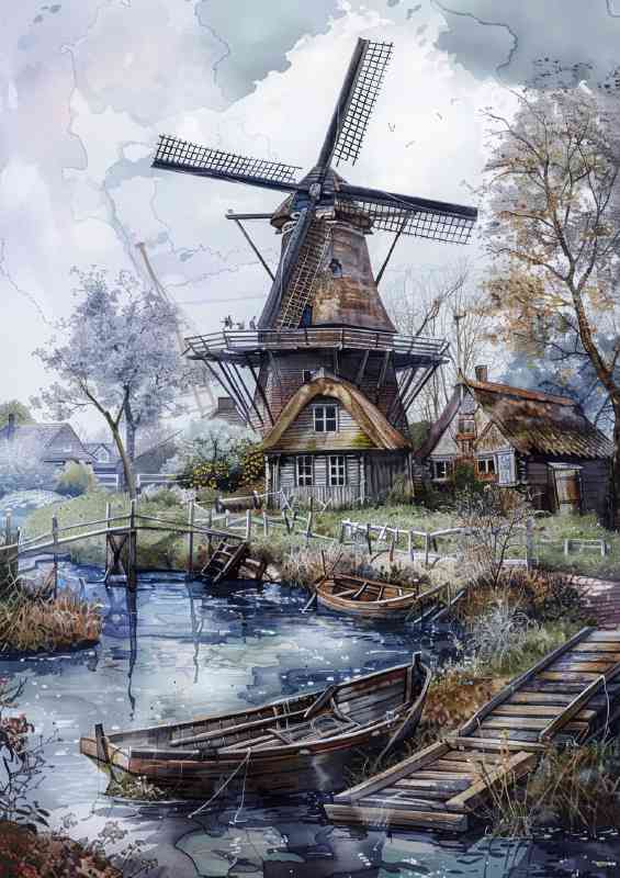 Old windmill by the river boats