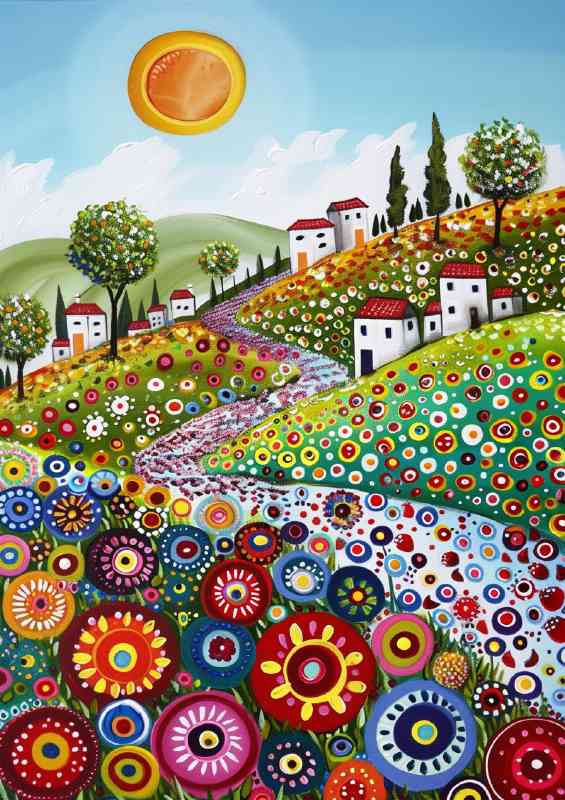 Painted landscape with circle flowers