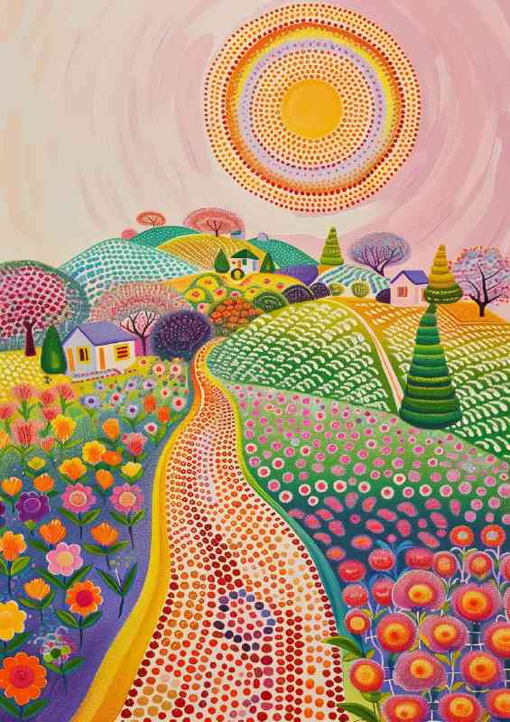 Painted yellow dot sun over the hills