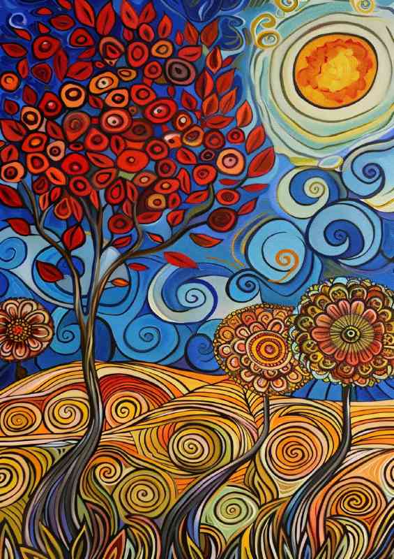 Painting os swirly hay bails and tall trees