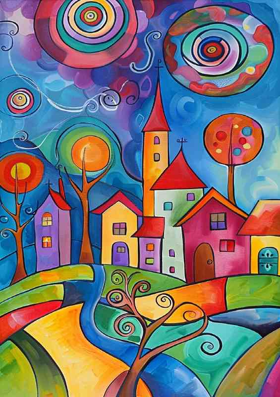 Swirls and circles in th sky colourful village