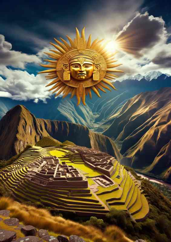 Incan god Inti radiant and golden depicted as a sun