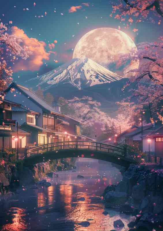 Full moon night with Mount Fuji