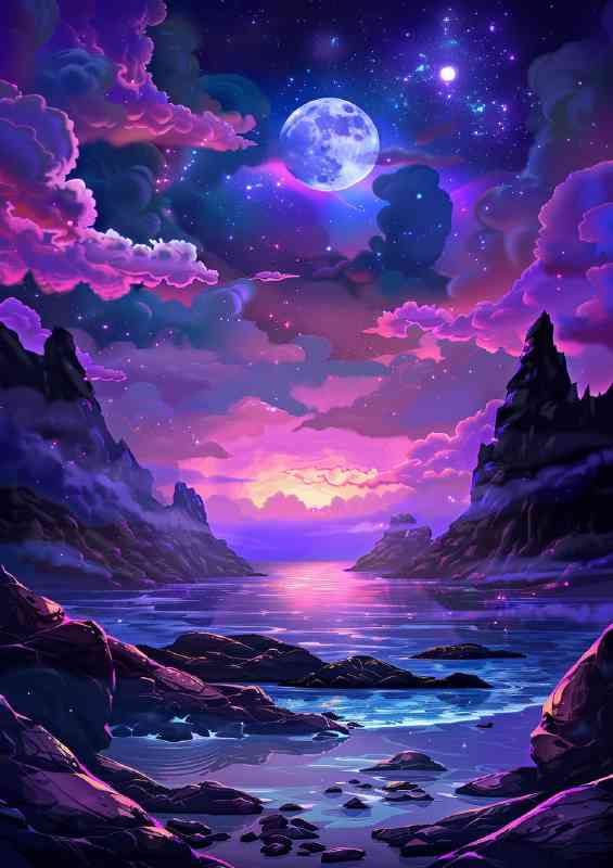 Starry stars at night through the purple mountains