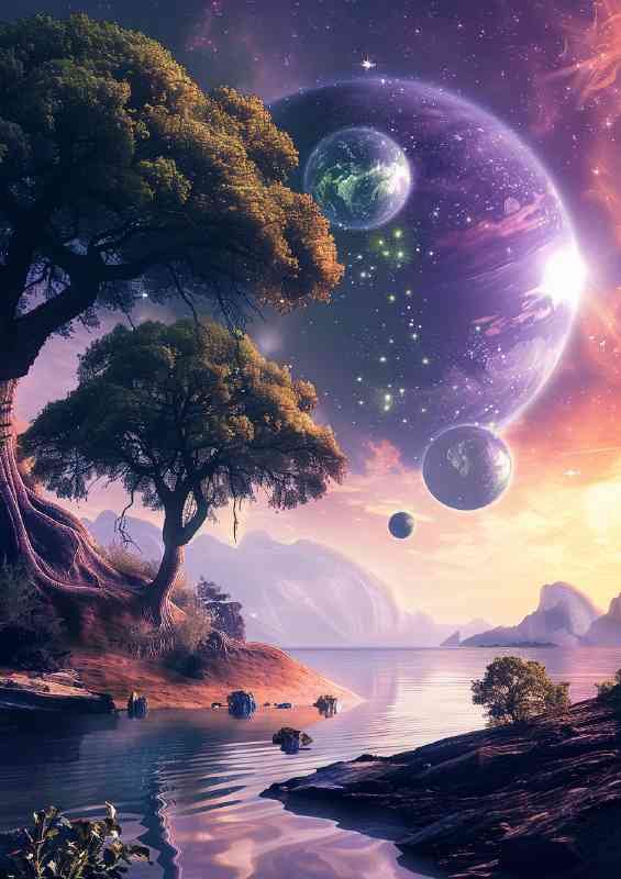 Alien planet landscape with giant green trees