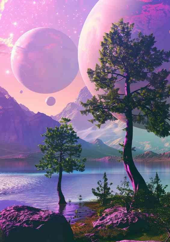 Alien planet landscape with giant trees lake mountains