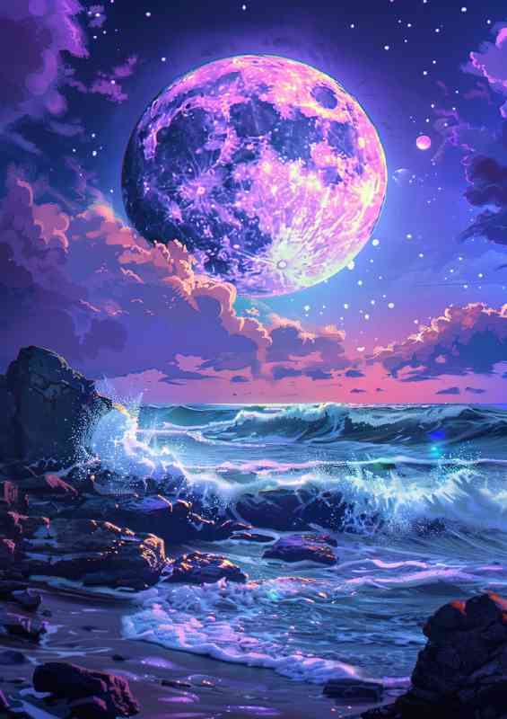 Crashing waves with purple full moon
