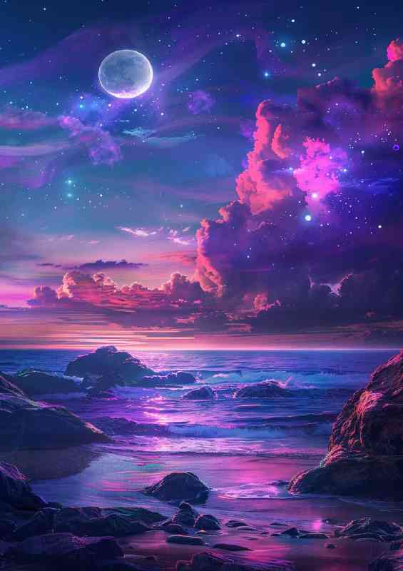 Night purple sky glowing moon over ocean