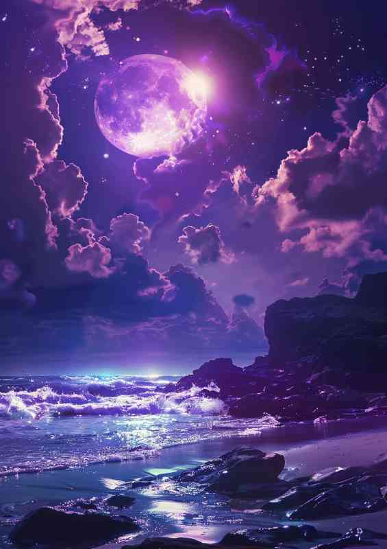 Purple skies and moon with crashing waves