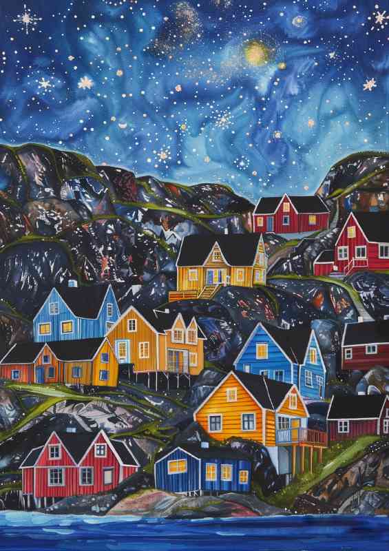 A painting of colorful Scandinavian houses