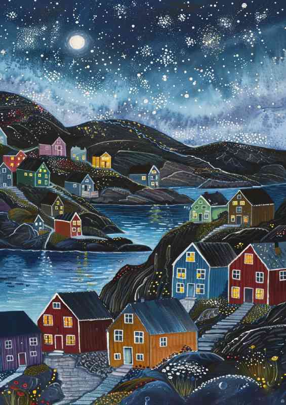 A painting of colorful Scandinavian houses by the sea
