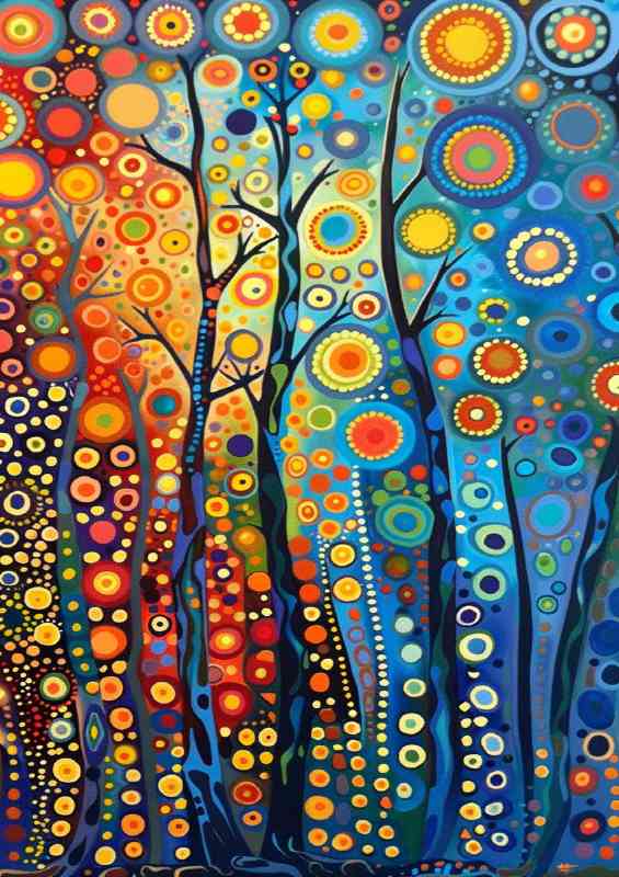 A painting of trees with circles and dots
