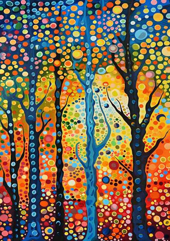 A painting of trees with circles and dots in the sky