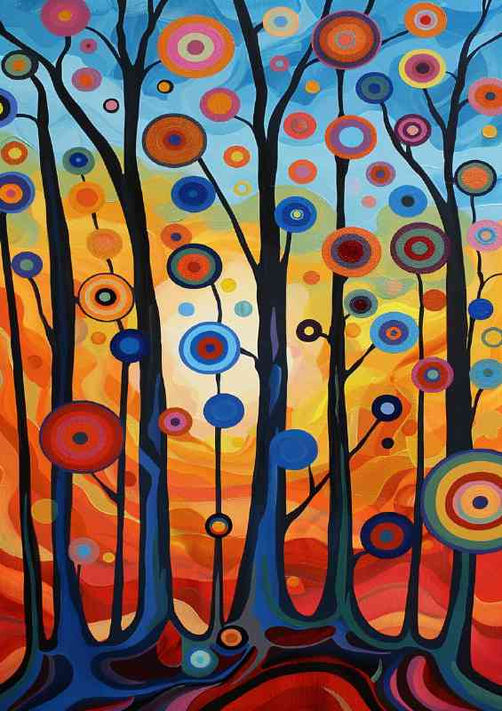 A surreal landscape of trees with colorful