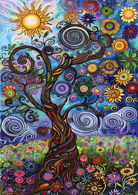 A whimsical tree with swirling branches sunflowers
