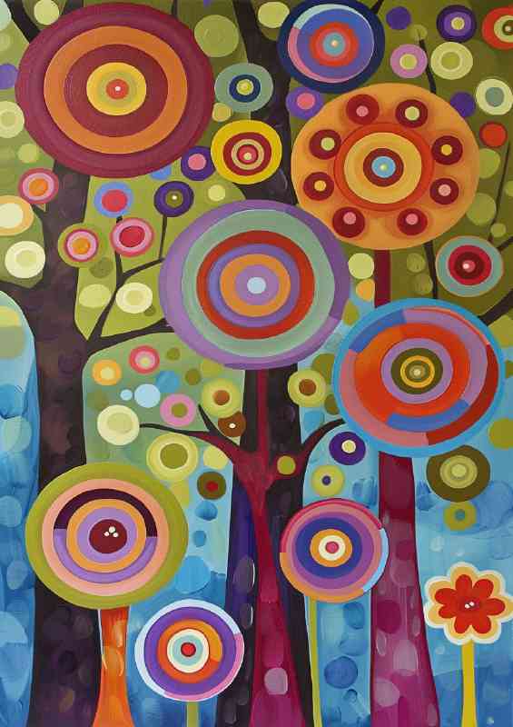 Abstract trees with circles blue sky