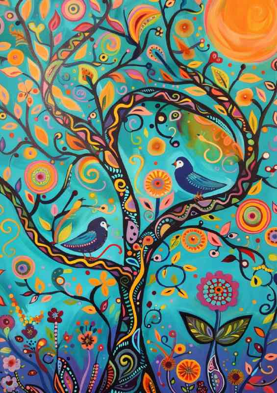 Abstract whimsical folk art birds in tree