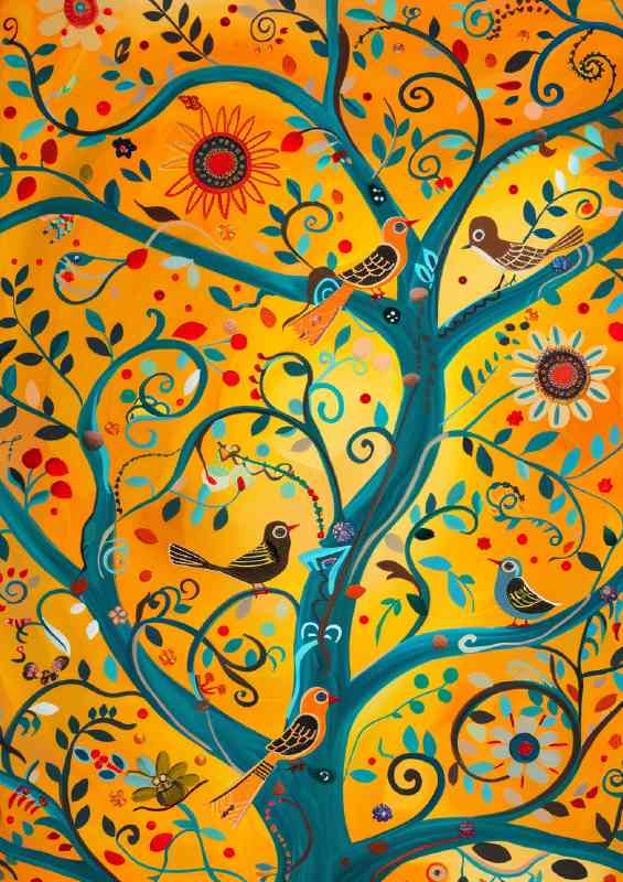 Abstract whimsical folk art birds in tree orange blue