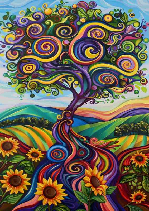 An enchanting tree sunflower field