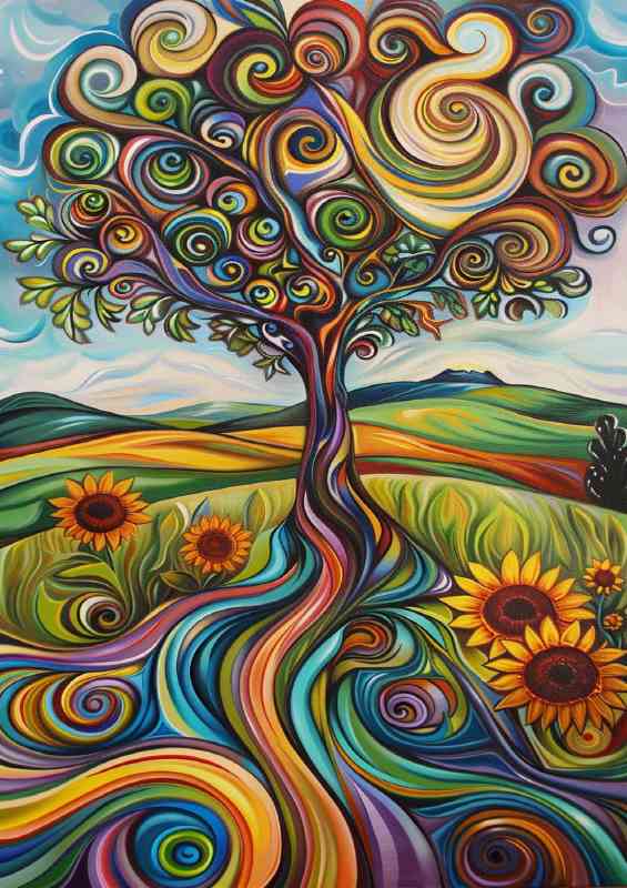 An enchanting tree with vibrant swirls and lines