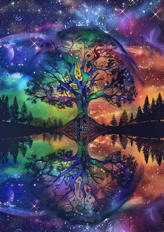 Colorful tree of life with reflection in a lake