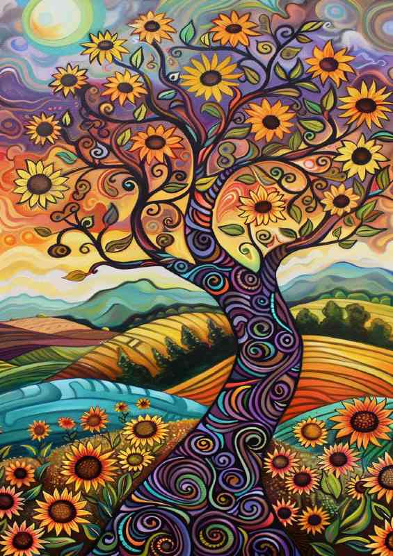 Enchanted tree on the hill with sunflowers