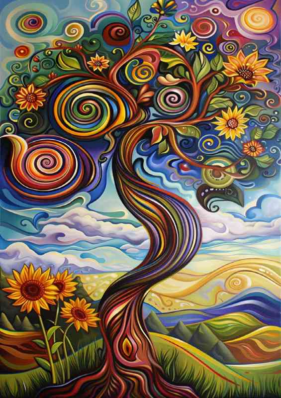 Enchanting tree with vibrant swirls of color